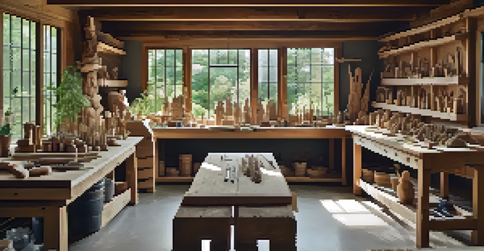 A bright carving workshop with a wooden workbench, carving tools, and partially completed wood sculptures, surrounded by nature.