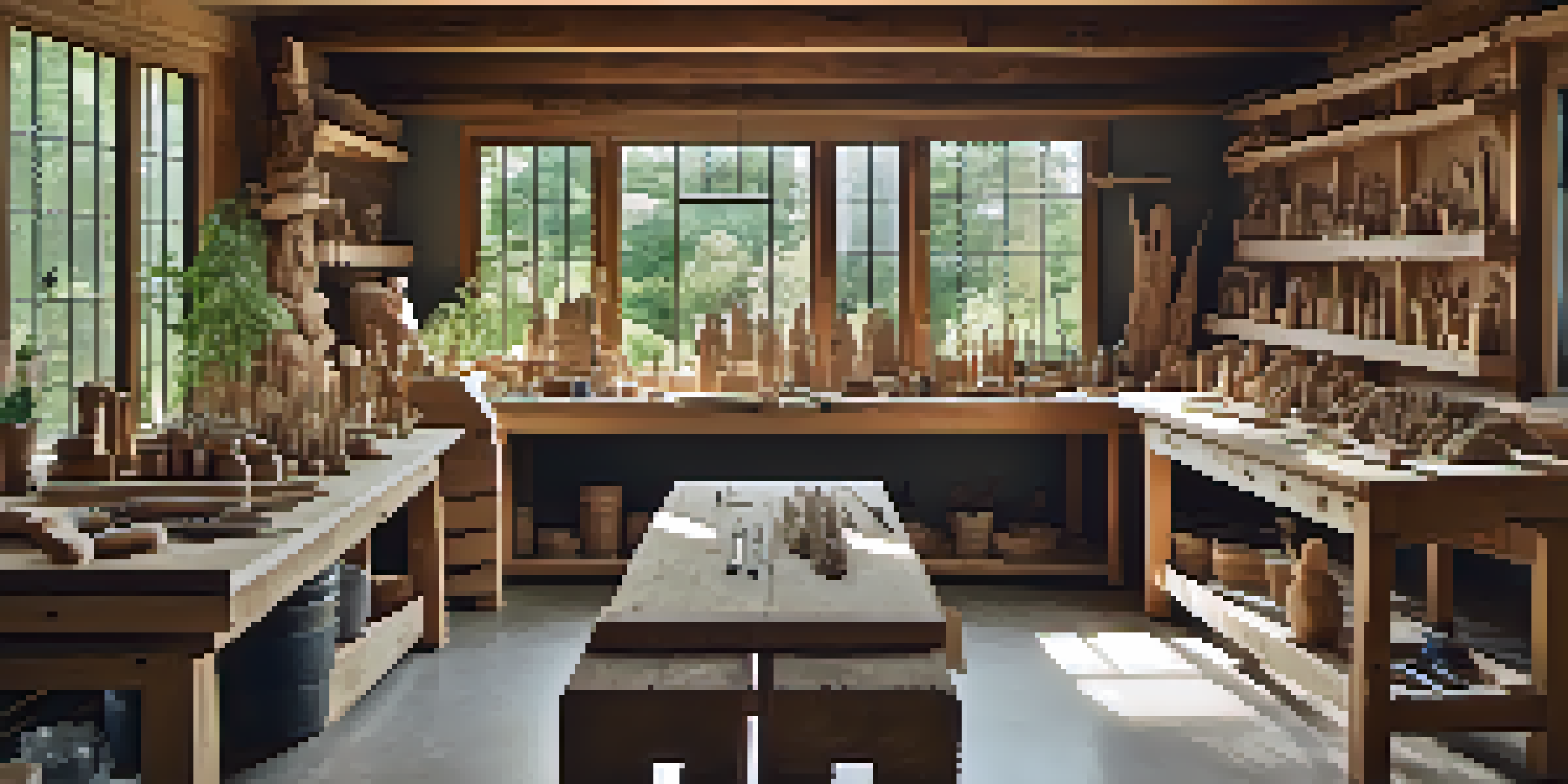A bright carving workshop with a wooden workbench, carving tools, and partially completed wood sculptures, surrounded by nature.