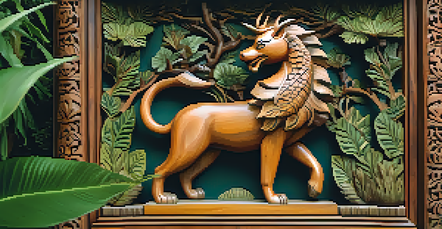 A detailed wooden sculpture of a mythical creature surrounded by lush greenery, with soft light enhancing the wood's texture.