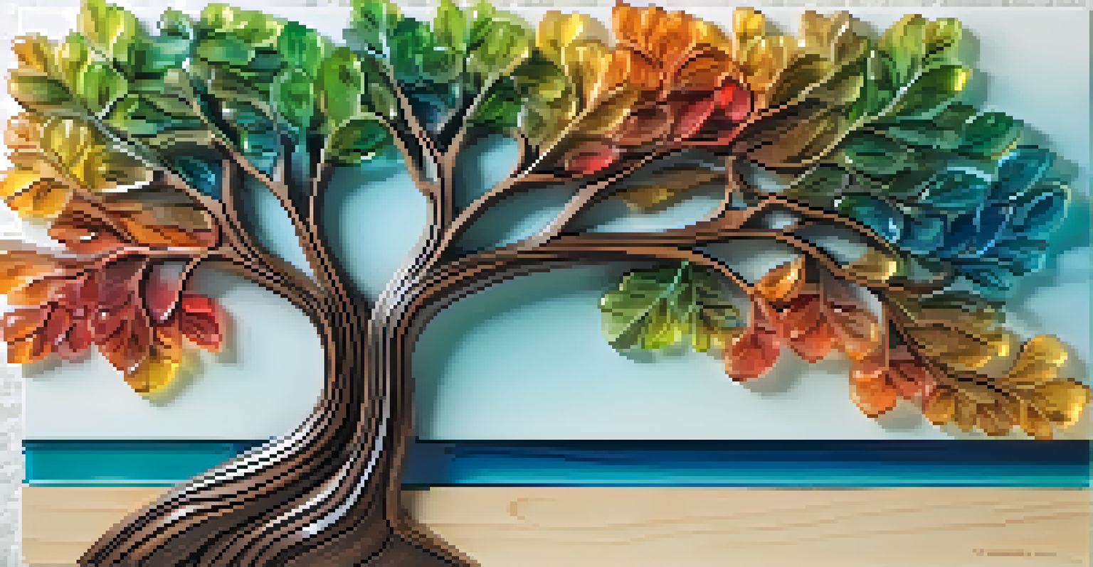A colorful mixed-media artwork featuring a carved tree with vibrant leaves made of resin, set against a tranquil gradient background.
