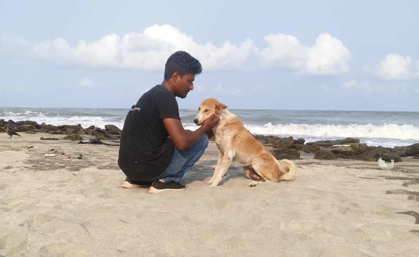 WVS team sat on St Martins beach Bangladesh with stray dog