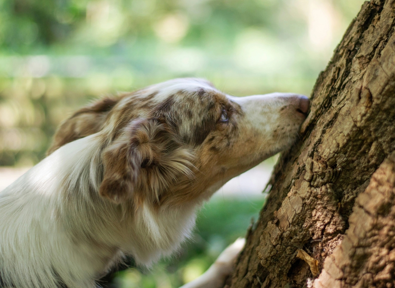 dog sniffing a tree