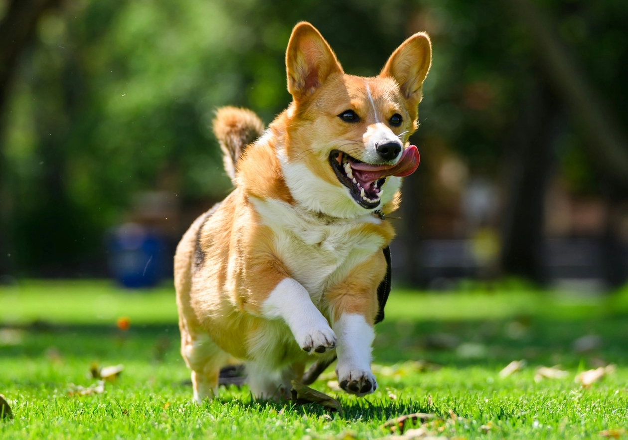Corgi running outside