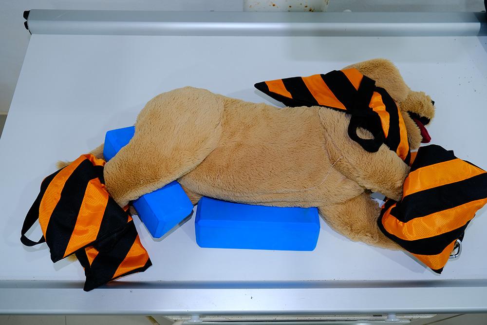Figure 4 — Sandbags placed on patient’s limbs to secure their position