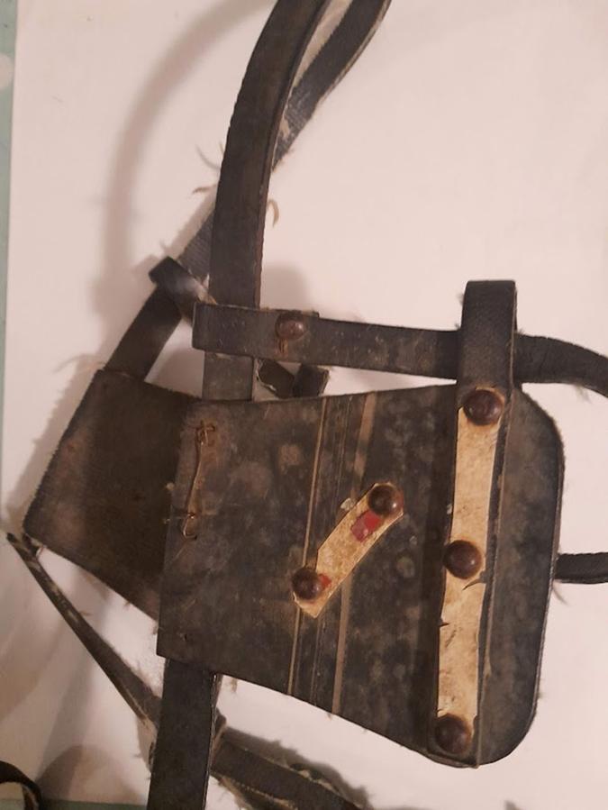 Figure 8 Crudely made rubber blinkers attached to the bridle with thin metal staples that can easily break and cause damage