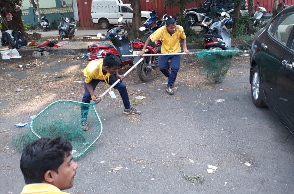 Figure 4 - A team surrounding a vehicle with dogs beneath to catch as they run out. Someone on the other side of the vehicle gently encourages the dogs to move away towards the catchers on the other side. 
