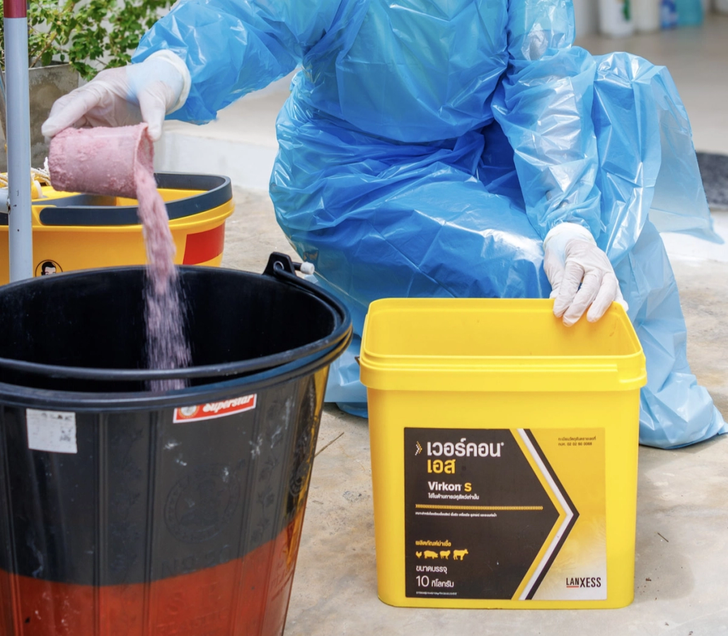 Preparing and diluting potassium peroxymonosulfate disinfectant, supplied in a concentrated powder. 