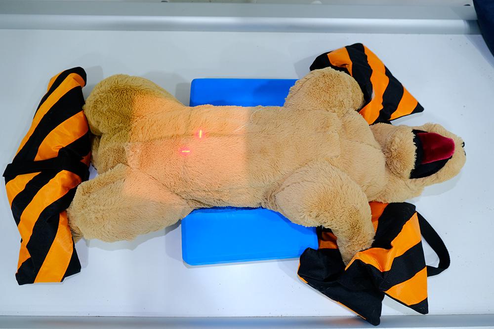 Figure 4 — Positioning aids (sandbags and foam wedges) added to hold the patient in position, with collimation for a ventrodorsal abdominal view.