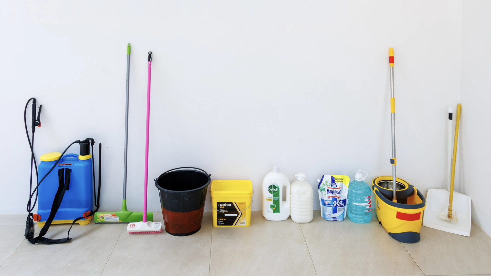 Selection of cleaning equipment and supplies used at our centre in Thailand