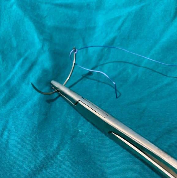 Figure 20 - The needle is grasped by the jaws of the needle holders at its mid point.