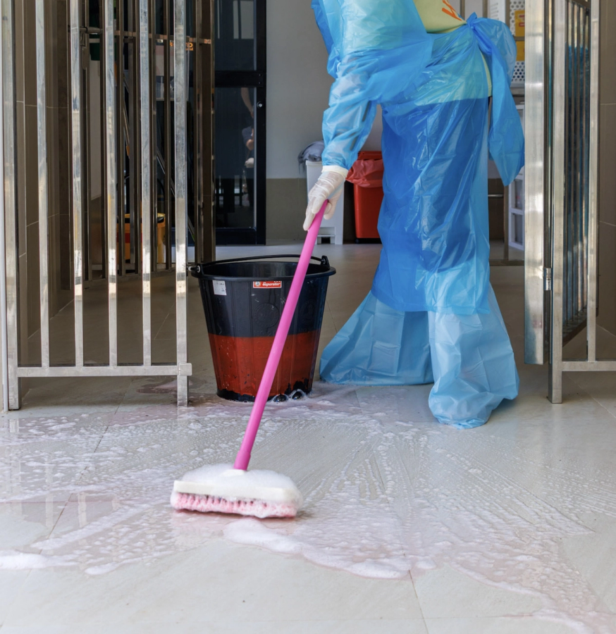 Cleaning isolation kennel using potassium peroxymonosulfate disinfectant
