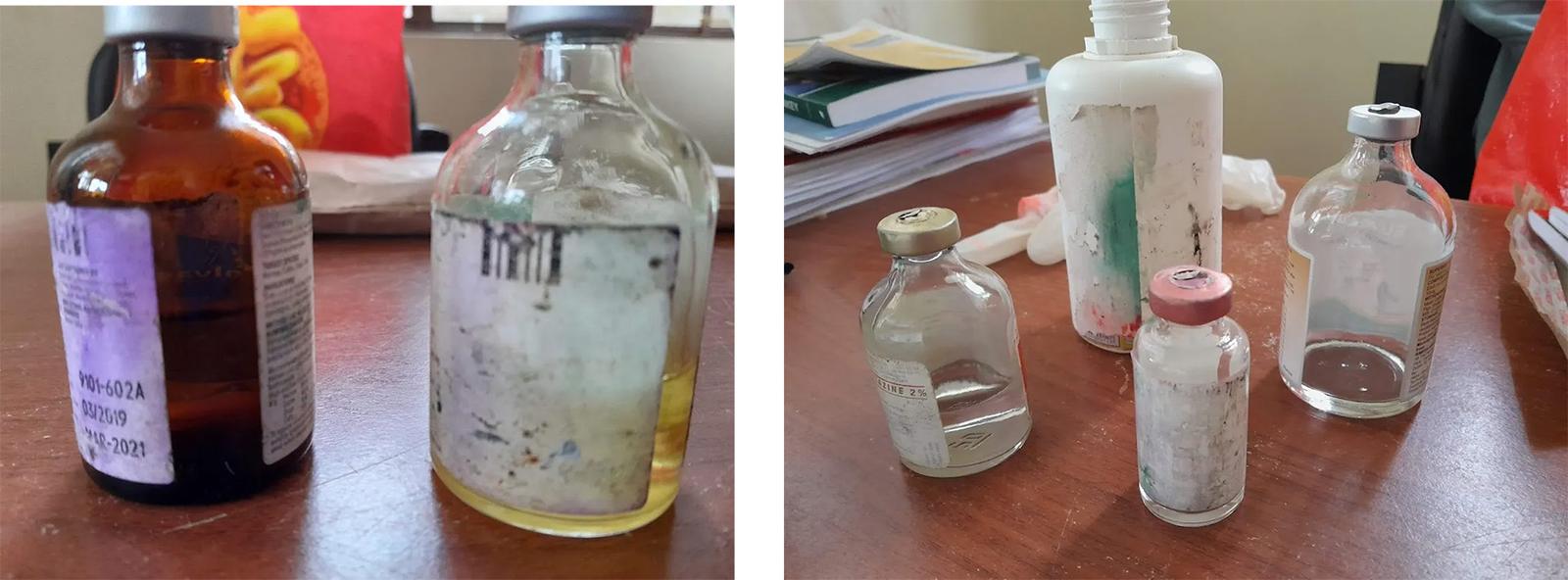 Figure 2 These drugs have been poorly stored, the labels are unreadable and the products have been broached but no first use date supplied