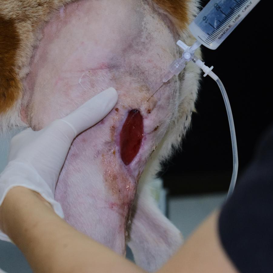 A wound being treated on a dogs chest