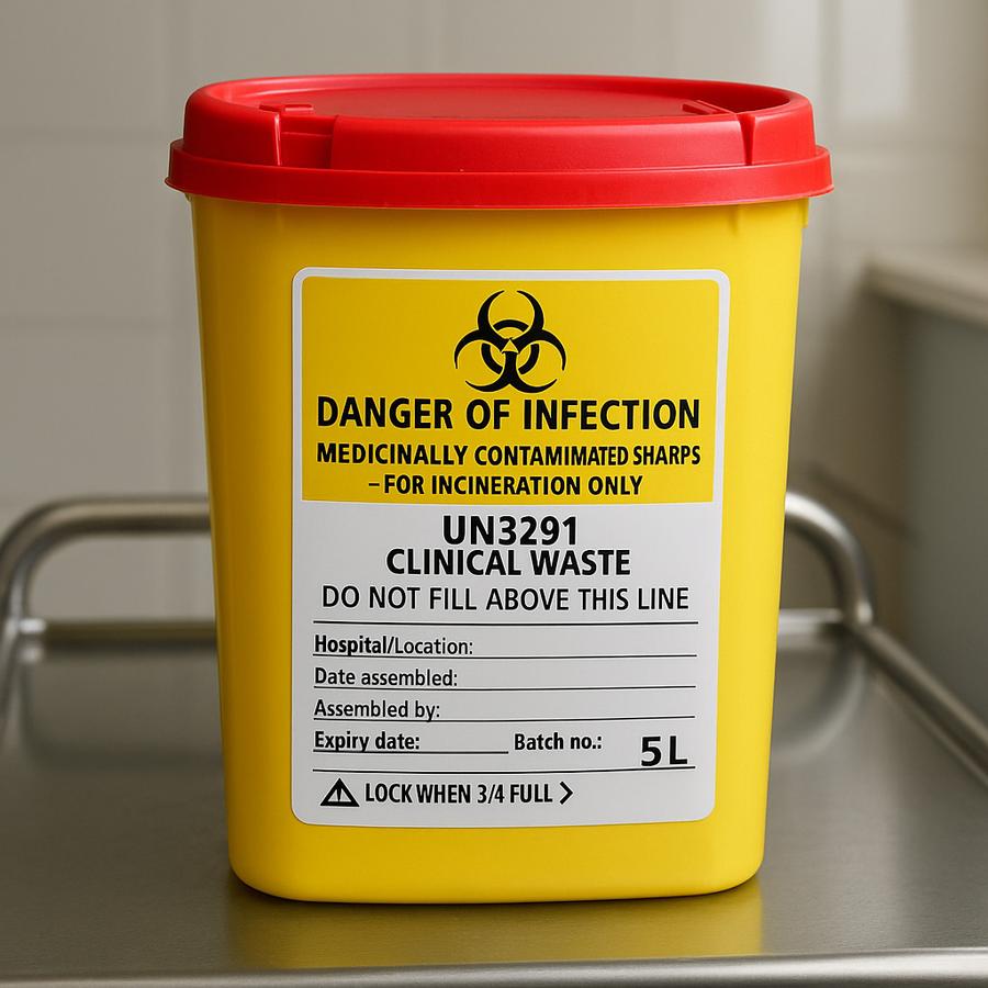 Figure 4 A standard sharps bin for the disposal of used clinical sharps