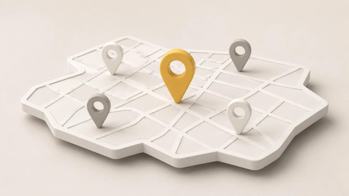 A 3D isometric illustration of a stylized map grid featuring one prominent yellow location pin surrounded by several gray map pins.