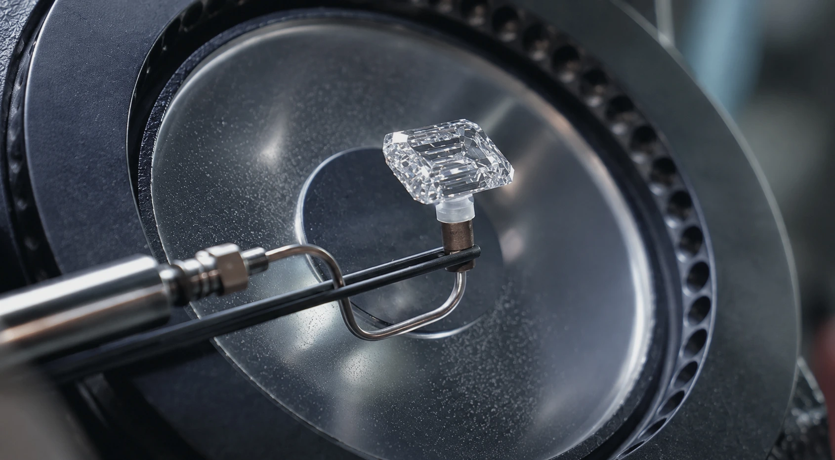 Polished emerald-cut diamond being examined with precision equipment