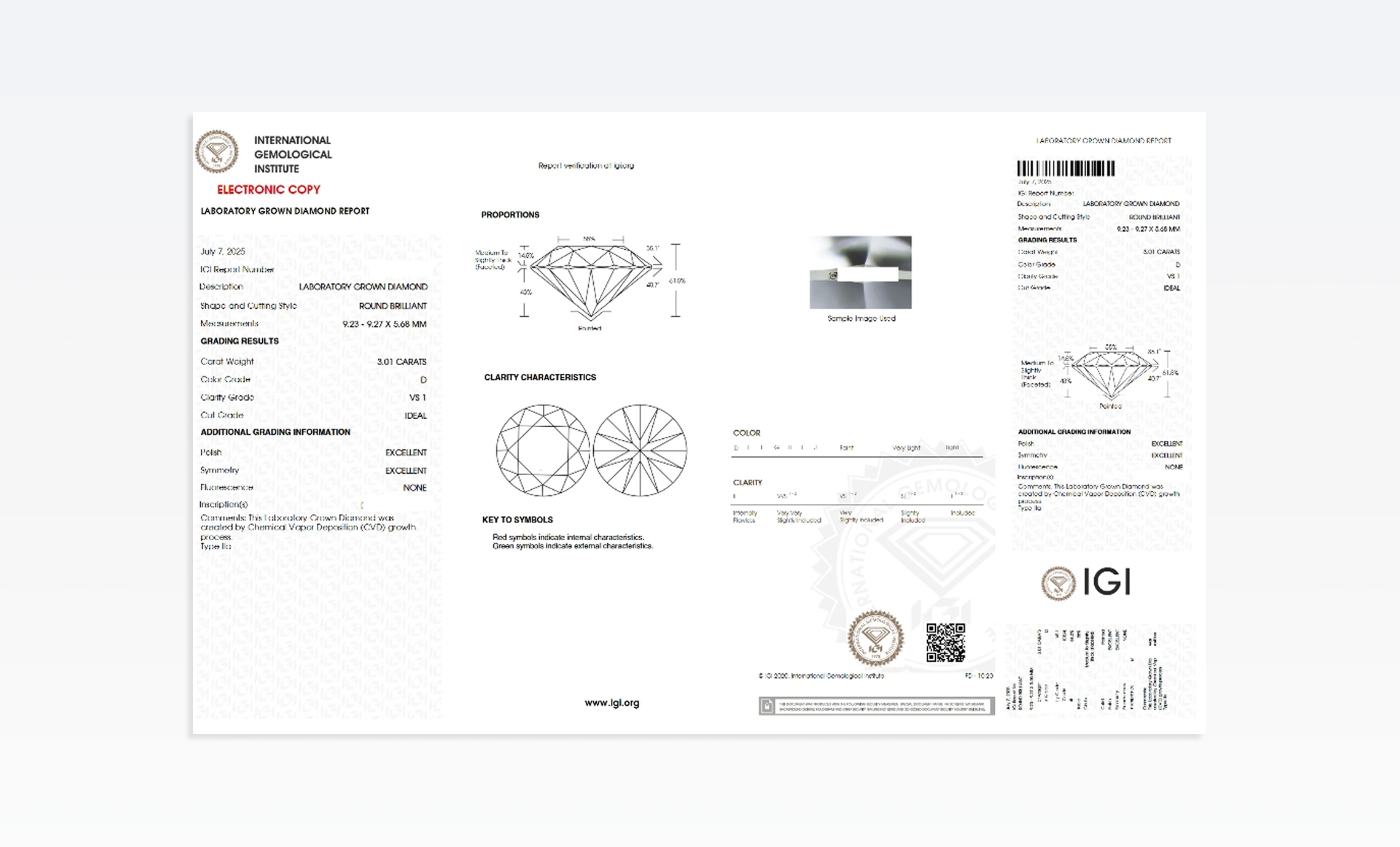 Example IGI laboratory-grown diamond grading report