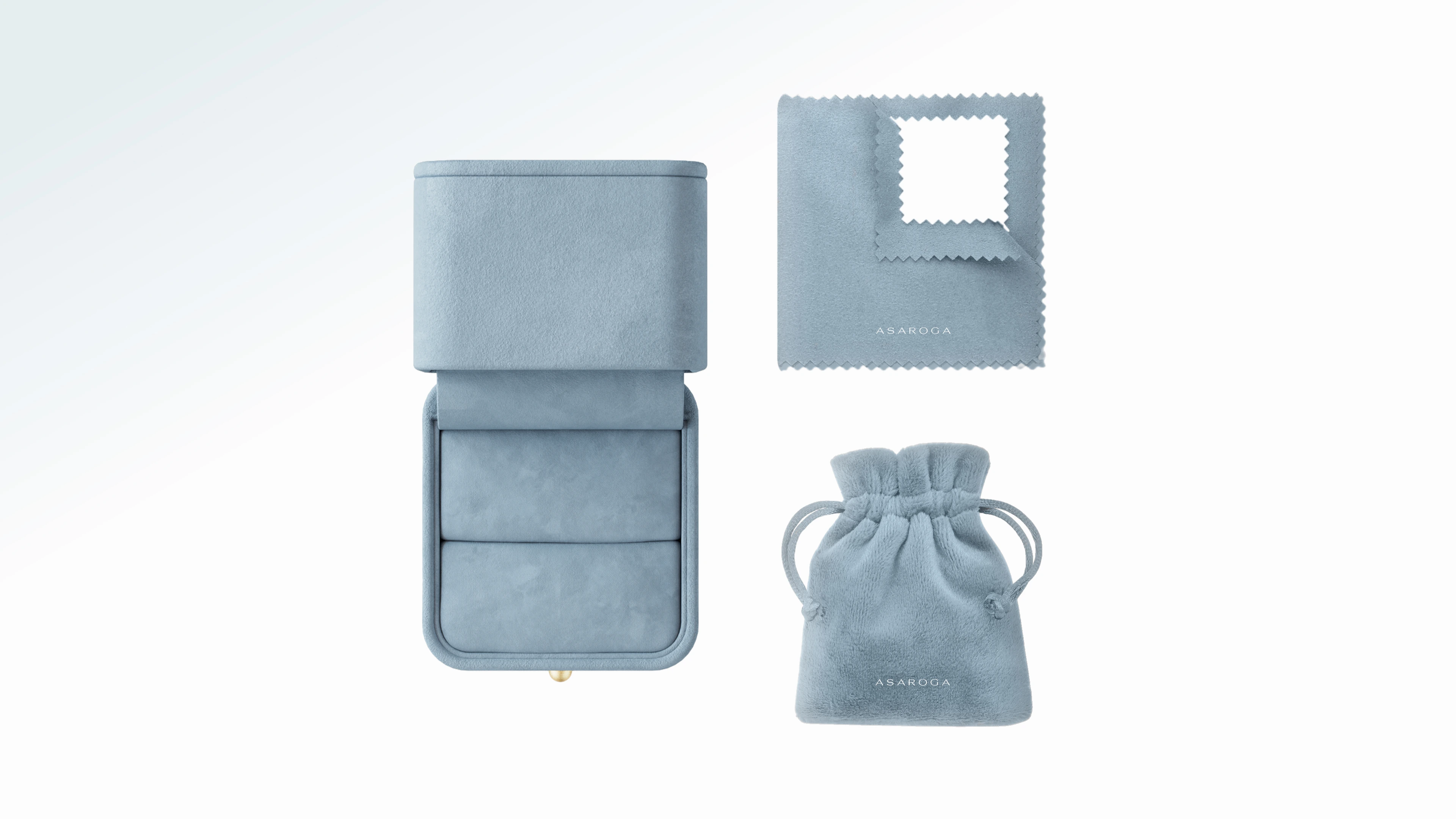 ASAROGA jewelry box, soft pouch, and polishing cloth arranged on a light background