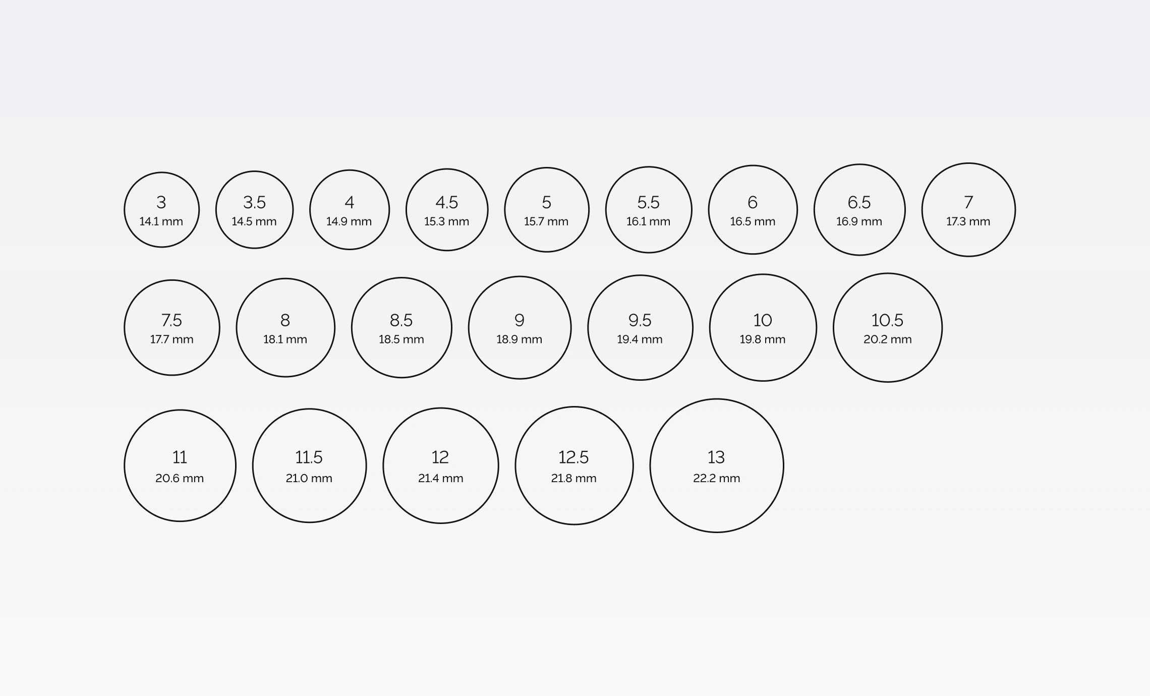 Printable ring-size circles from US size 3 through 13
