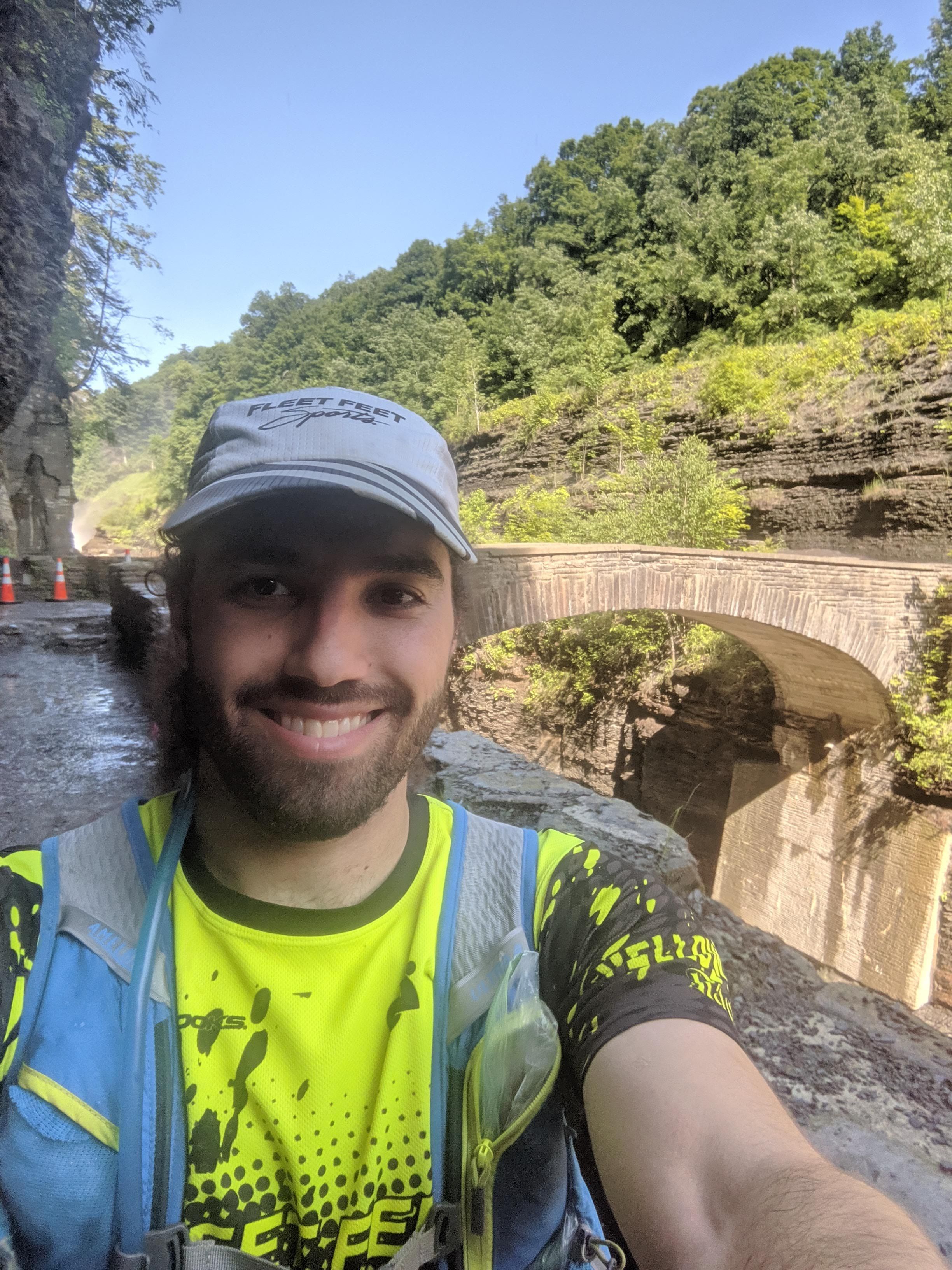 Selfie with the stone footbridge over the Genesee River behind me