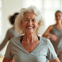 A woman in a class, smiling and exercising 