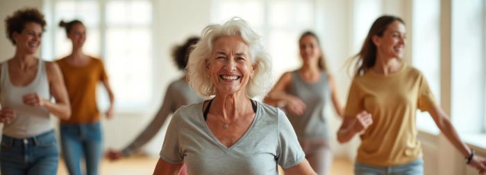 A woman in a class, smiling and exercising 