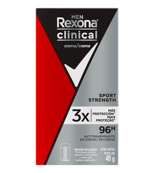 Envase de Antitranspirante en crema Rexona Clinical Men Sport Strength 48gr