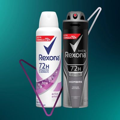 Un envase de Rexona con la protección avanzada de sus desodorantes frente al sudor y sobre un fondo escuro.