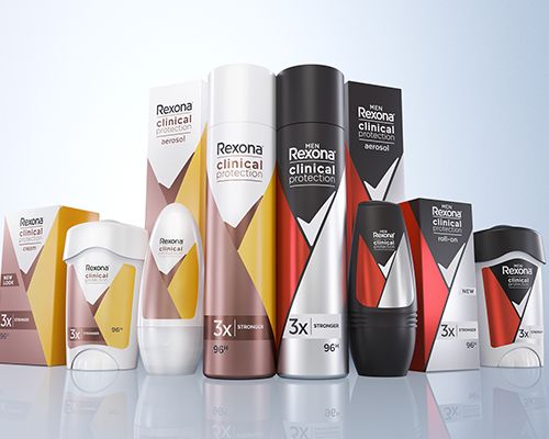 Range shot of Rexona Clinical Protection men and women products.