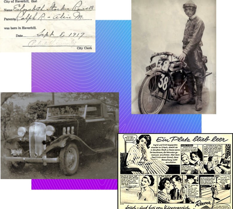 Vintage memorabilia including a photo of an old car and man standing with a motocycle