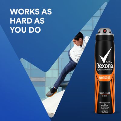 Man jumping over wall with the text "works as hard as you do" and an image of Rexona Men 'Workout' aerosol