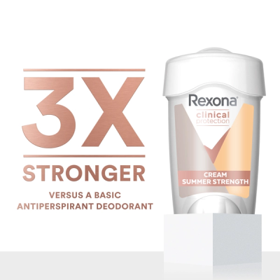 Rexona Clinical Cream bottle on podium with the text “3x stronger verses a basic antiperspirant deodorant”