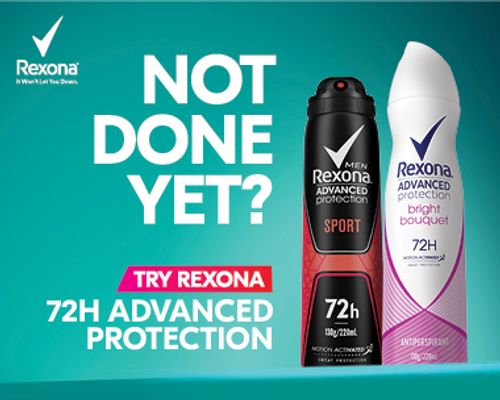 Rexona Bright Boquet product shot on a pink and blue background with flowers and raspberries flying around. 
