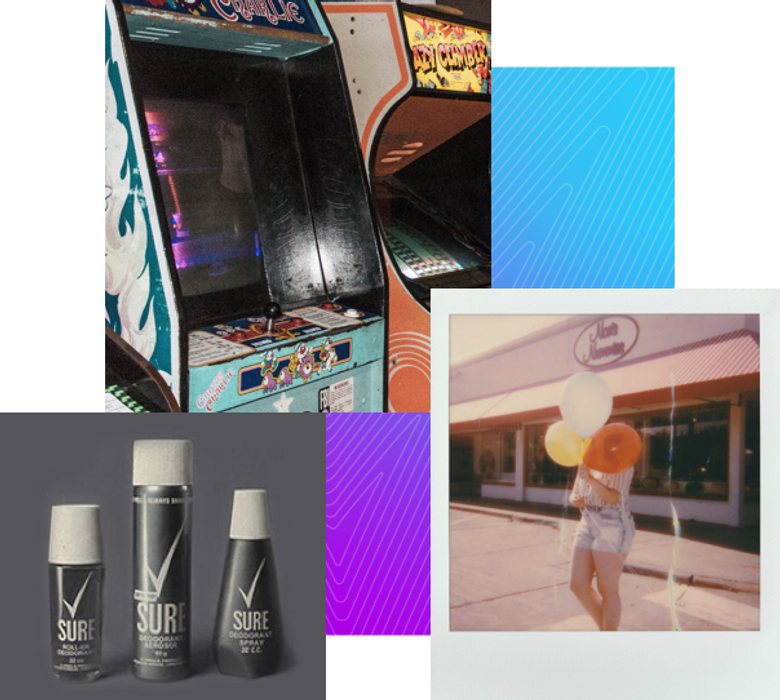 Drei Bilder sind zu sehen. Einen alten Spielautomaten, eine Person in Jeans Short, die Luftbalons vor sich hält und eine Sure Werbung mit drei Produkten.