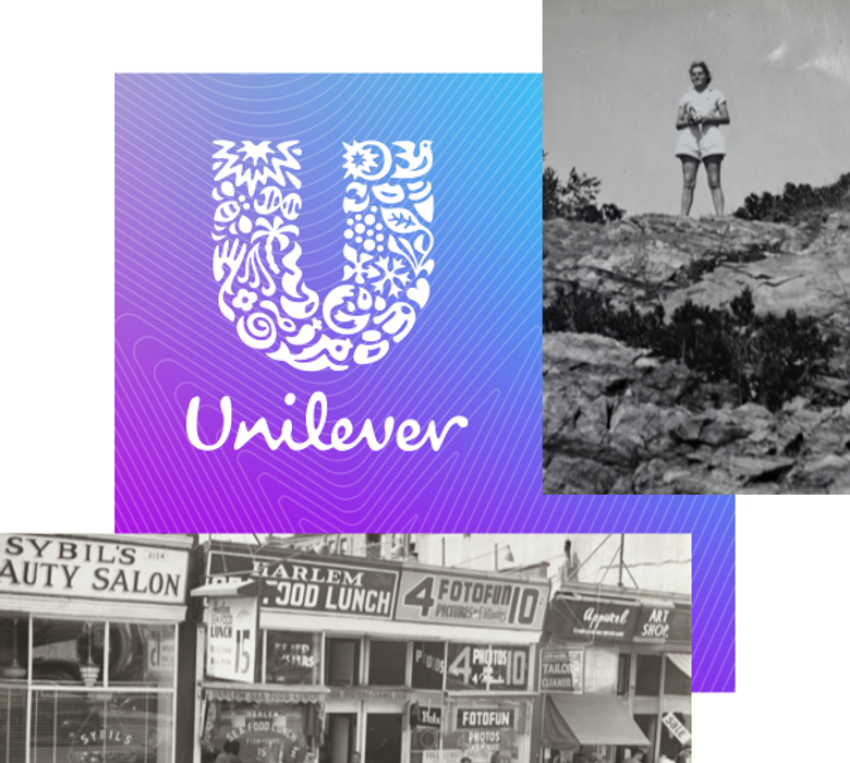 Drei Bilder sind zu sehen. Unilevers akutelle Logo mit blauem Hintergrund. Eine Frau in weißer Shorts die auf einem Felsen steht und ein Foto von alten Läden aus den 30er Jahren. 