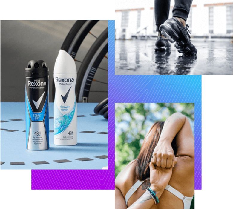Trois images à regarder. L'une montrant deux produits Rexona. Sur l'autre vous pouvez voir une femme de dos avec les bras croisés et sur la troisième image vous pouvez voir une partie des pieds d'un homme en baskets.