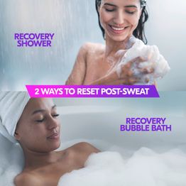 Two women washing demonstrating two ways to reset post sweat - recovery shower and recovery bubble bath 