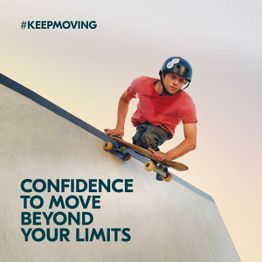 Man skateboarding with tagline of confidence to move beyond your limits 