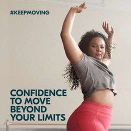 Woman dancing with tagline of confidence to move beyond your limits
