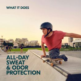 Man skateboarding with tagline of all-day sweat and odor protection