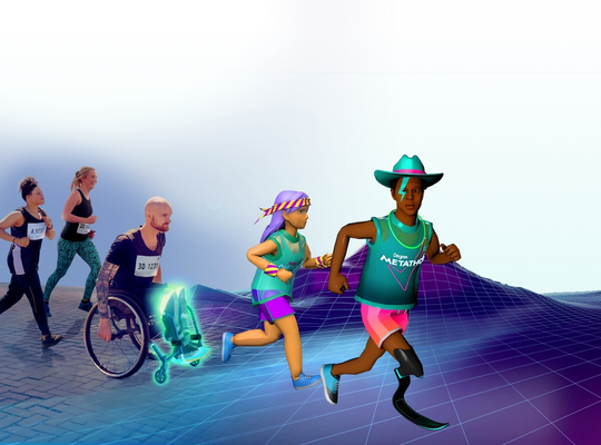 Metathon background where runners of the real world are entering the virtual world and turning into avatars