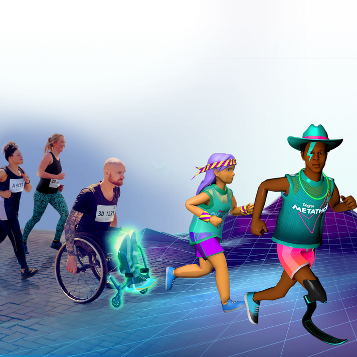 Metathon background where runners of the real world are entering the virtual world and turning into avatars