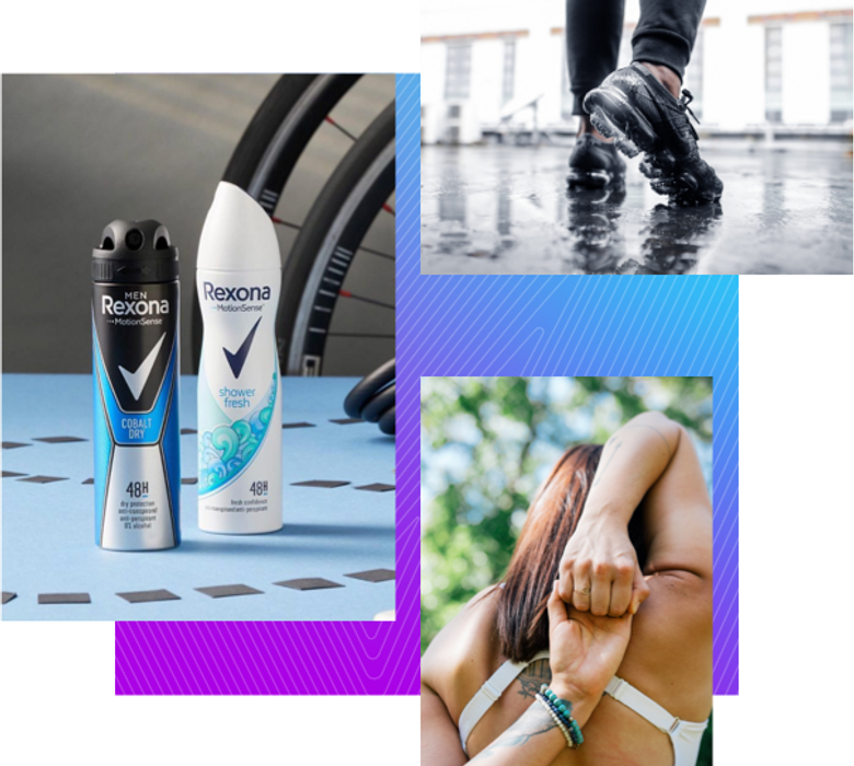 a collection of images, cans of deodorant some shoes and a women stretching 