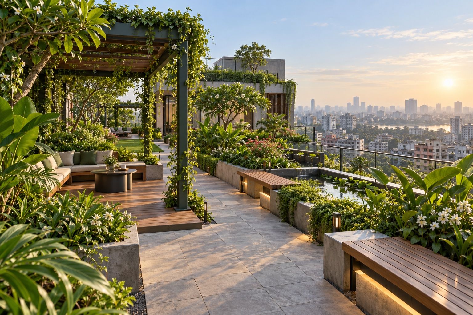 Landscaped rooftop garden with seating areas