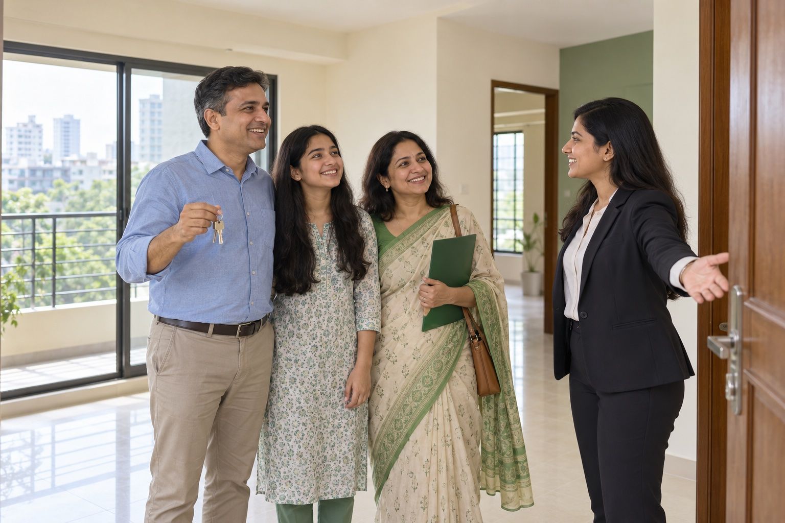 Illustrative sample family welcomed to their new apartment