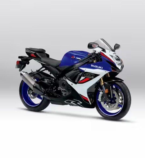 Motocicleta Suzuki GSX-R edición 40 aniversario en azul, blanco y rojo vista de perfil