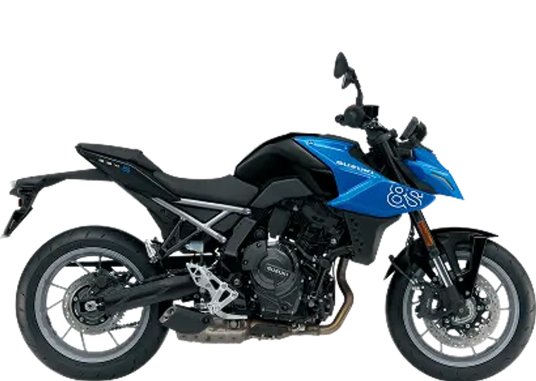 Motocicleta Suzuki GSX-8S azul vista de perfil sobre fondo transparente