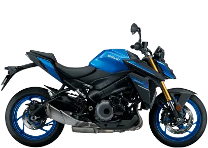 Motocicleta Suzuki deportiva azul vista de perfil sobre fondo transparente