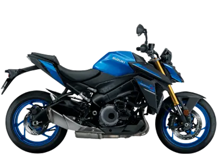 Motocicleta Suzuki deportiva azul vista de perfil sobre fondo transparente