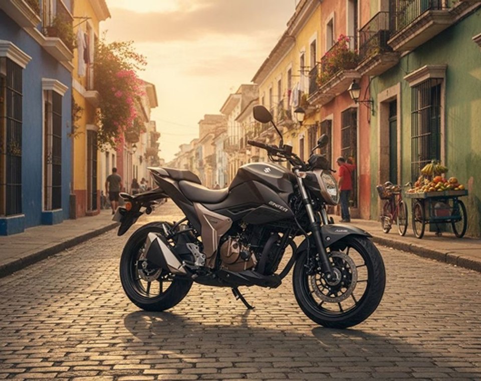 Motocicleta GIXXER 250 DI negra estacionada en calle urbana adoquinada al atardecer